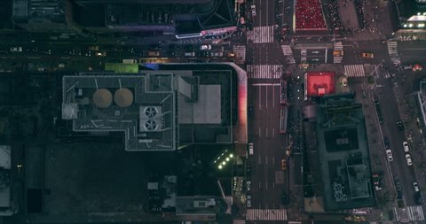 Aerial top down view of Times Square in Manhattan skyline in New York in summer evening. Wide to Long shot on 4K RED camera.
