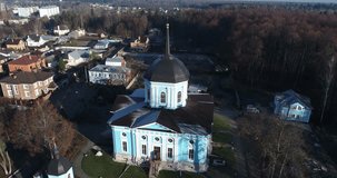 4k Birds sight video of The Church Of The Annunciation Of The Blessed Virgin in Polivanovo, Podolsk region, Russia