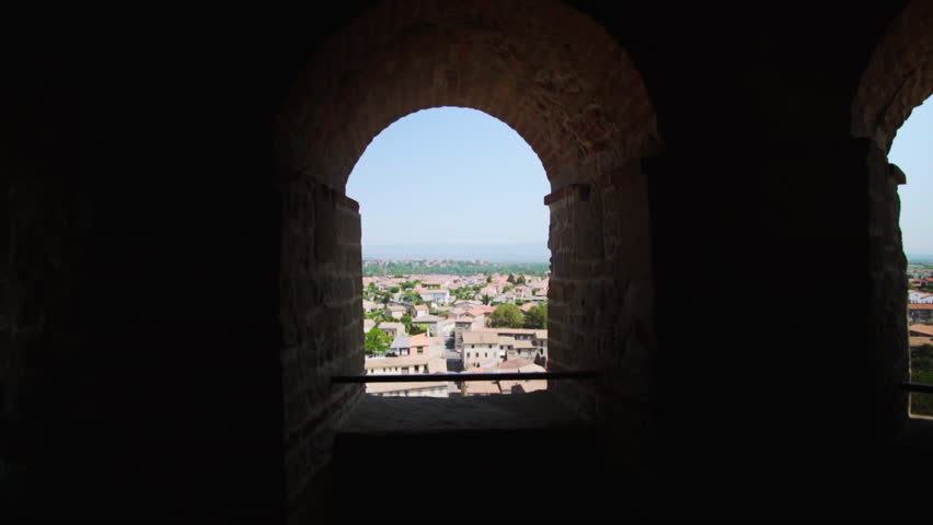 Reveal shot from inside the Medieval castle of Carcassonne France.