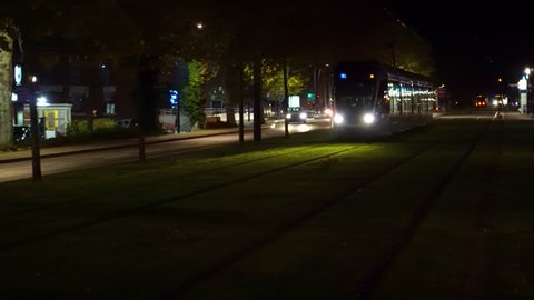 The tram leaves the city street in the evening. Tram system in france.Toulouse. France. 2.11.18