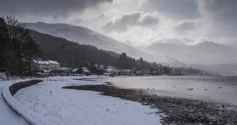 Snow shower on Loch Long, near Arrochar, Argyll and Bute, Scottish Highlands, Scotland, United Kingdom, Europe