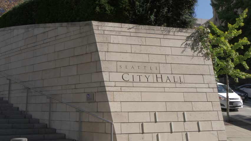 View of entrance to Seattle City Hall, Seattle, Washington State, United States of America, North America