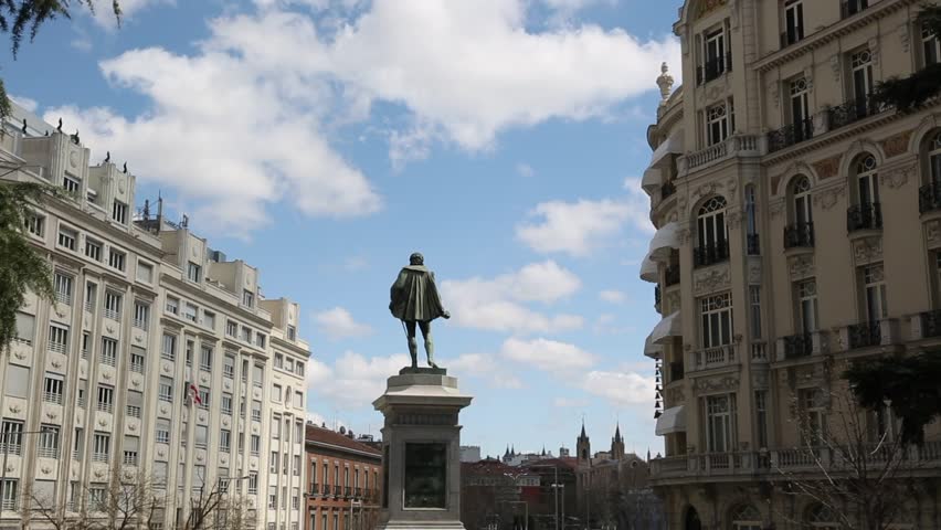View of statue of Miguel de Cervantes on Plaza de las Cortes, Madrid, Spain, Europe