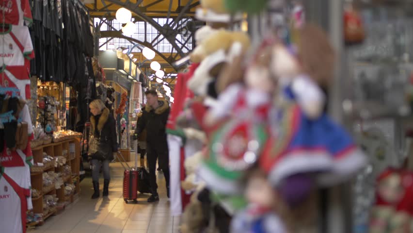 Shot of souvenirs stalls in Central Market Hall, Budapest, Hungary, Europe