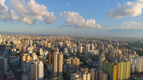 SAO PAULO, BRAZIL - MAY 3, 2018: Aerial view of city centre, residental and business buildings in downtown from above. Drone shot in 4K