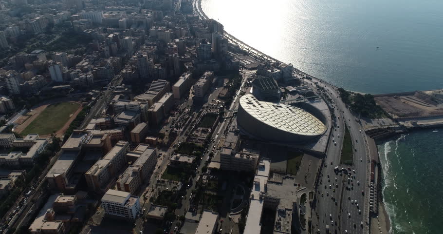Aerial Drone shot over Egypt Alexandria city Bibliotheca Alexandrina