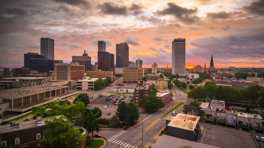 Tulsa, Oklahoma, USA downtown city skyline at sunrise.