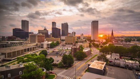Tulsa, Oklahoma, USA downtown city skyline at sunrise.