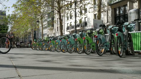 Paris, France - September 2018. Paris Street, electric hire bike rentals, Rue Rambuteau near Centre Pompidou, Vélib' Métropole Bike Rentals, Centre Georges Pompidou, 4th arrondissement, Paris, France