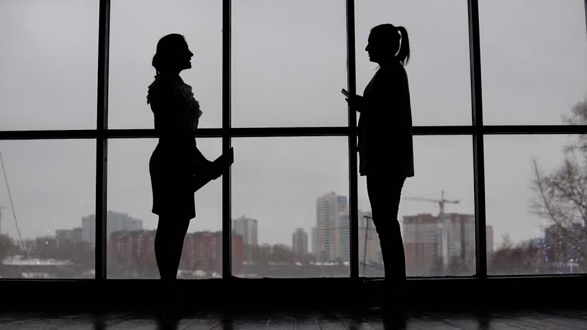 Businessman comes to two business women standing near the window and discuss the project
