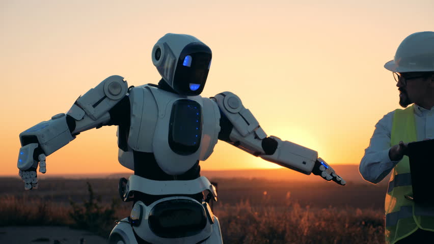 Engineer is manipulating a robot by his laptop in sunset landscape