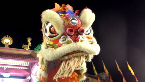 Chinese lion dance performing, Lunar new year celebration in Chinatown.