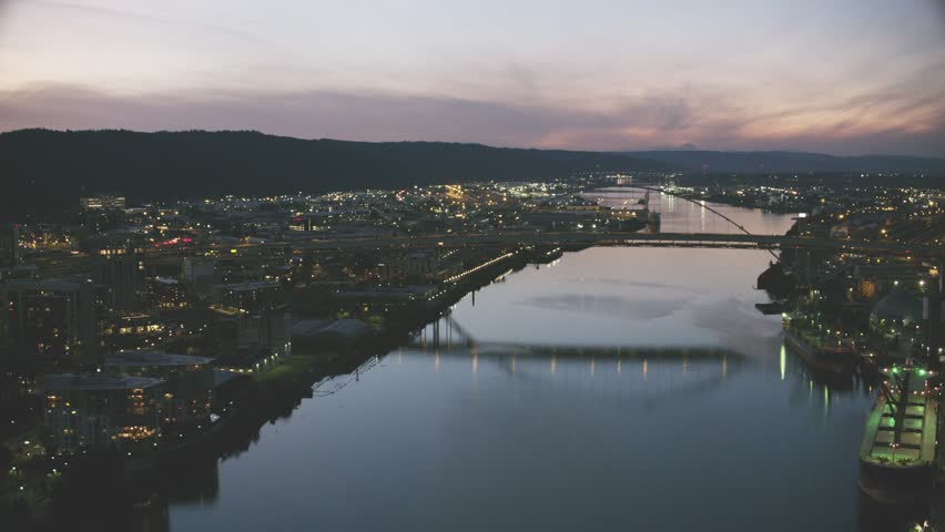 Aerial view over Portland Oregon Willamette river bridges
