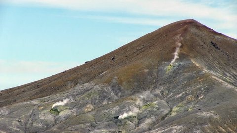 Panorama of the slope of Ebeko volcano on Paramushir Island. Kuril Islands, Russia