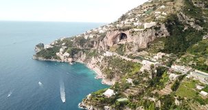 Amalfi, Amalfi Coast, Salerno, Italy. Aerial view of the mountains, the sea and country houses