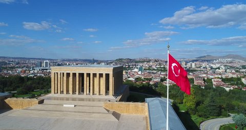 Aerial footage of Ataturk Mausoleum, Anitkabir, monumental tomb of Mustafa Kemal Ataturk, first president of Turkey in Ankara, Tomb of modern Turkey's founder lies here. Ankara, Turkey - June 25, 2018