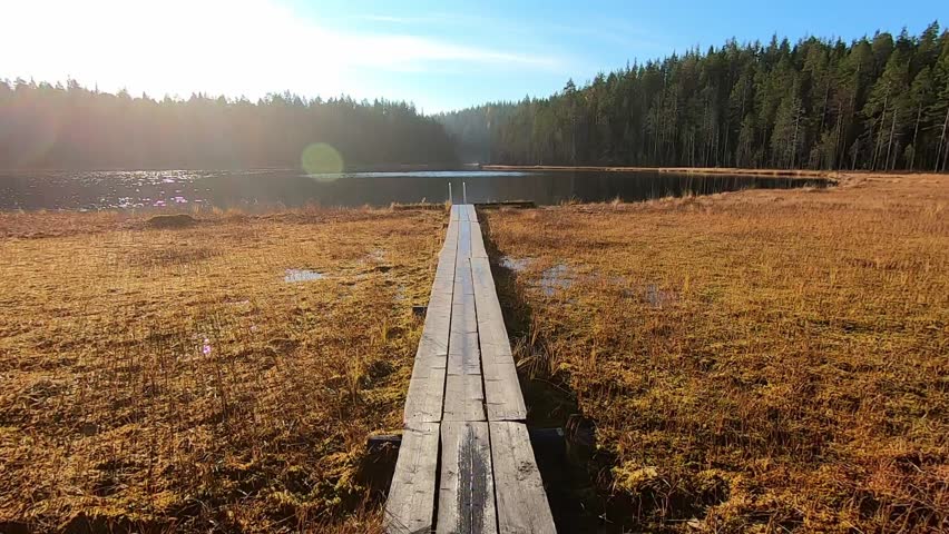 Walking over wooden dock by a bog lake in Hiidenportti national park in Finland . Slow motion POV shot.