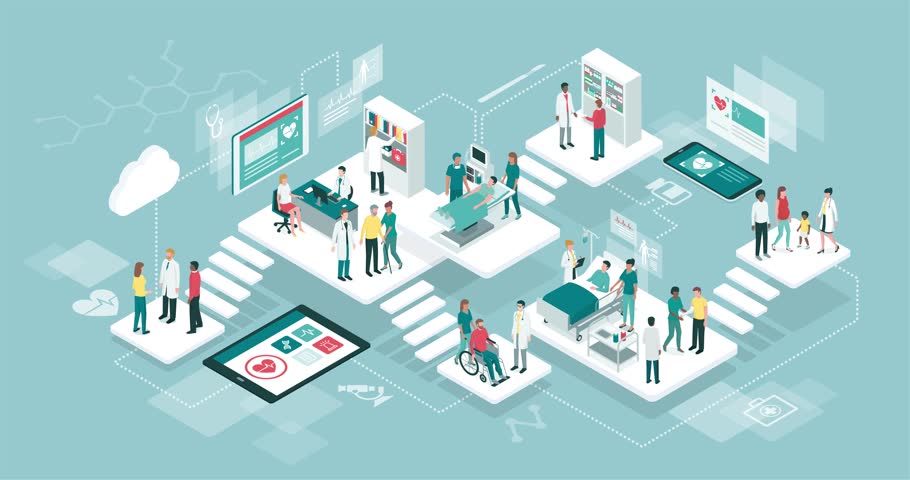 Isometric virtual hospital with doctors, patients and mobile devices: online consultation, medical services and healthcare concept