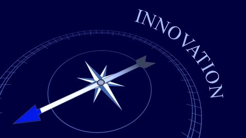 Innovation: animation with compass arrow rotating on the blue background near the word “Innovation”