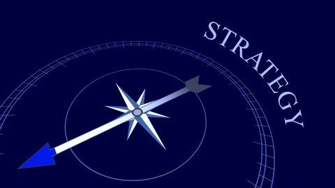 Strategy: animation with compass arrow rotating on the blue background near the word “Strategy”