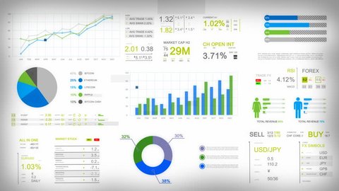 Financial template with generic data and charts. Animation showing pie, bar and line graphs. Stock exchange information. Economy background with luma matte. 