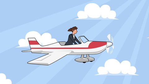 Flat cartoon businesswoman character flying on red plane airplane animation with alpha matte