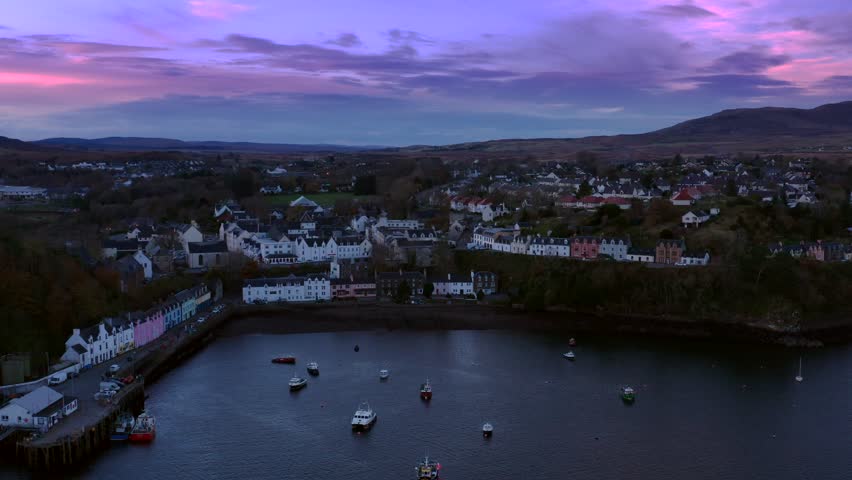 Portree sunset aerial, Isle of Skye, UK.