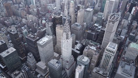 New York City Circa-2015, aerial view of Midtown Manhattan orbiting the Chrysler Building at dusk