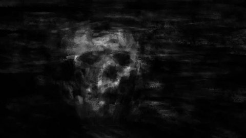 Evil skull ghost in dark. Digital drawing hellish monsters. Scary demon of nightmare. Creepy 2D animation. Black and white color abstract background. Animated vj loop video clip. Motion graphics, fx. 