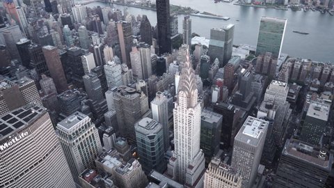 New York City Circa-2015, aerial view of Midtown Manhattan orbiting the Chrysler Building