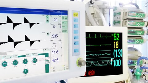 Medical Equipment in ICU. Mechanical Lung ventilation, Cardiac and Vital Sign Monitoring.