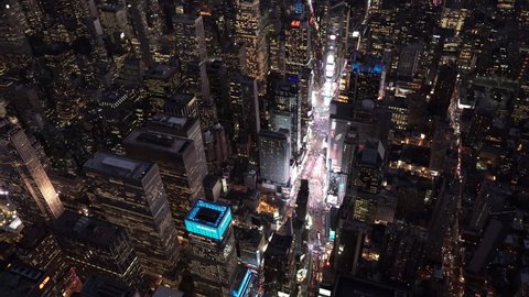 New York City Circa-2015, wide angle aerial view over Times Square at night