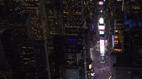 New York City Circa-2015, telephoto aerial view of Times Square at night.