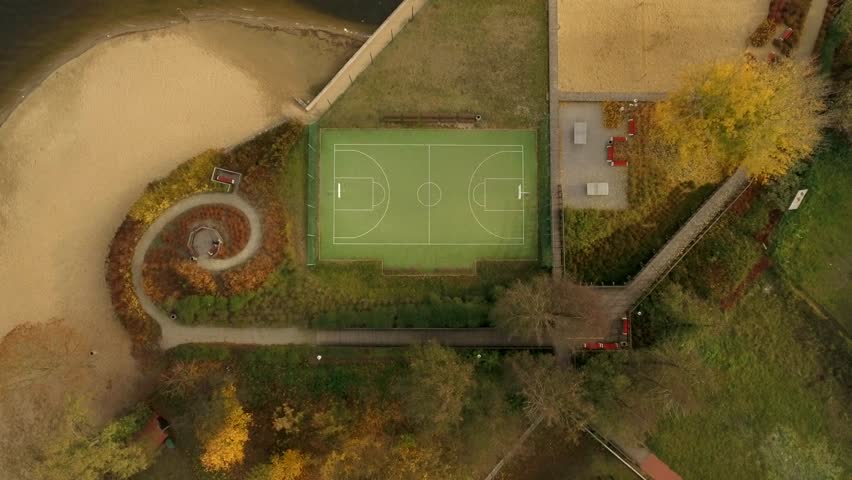 4K. Aerial view of the basketball court. The sports ground is located on the bank of the river Vistula. City Serock Poland. 