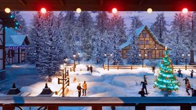 Joyful people dance and celebrate Xmas or New Year around outdoor decorated Christmas tree on snow covered square of cozy alpine mountain township at snowy winter night. View from terrace 3D animation - Powered by Shutterstock - Get 15% off with code: PIKWIZARD15