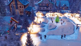Group of people dance and celebrate Xmas or New Year on square of snowbound alpine village with outdoor decorated Christmas tree in center at snowfall winter night. Festive 3D animation rendered in 4K - Powered by Shutterstock - Get 15% off with code: PIKWIZARD15