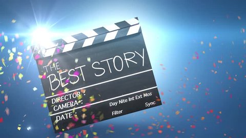 Best story, text title on movie Clapper board, confetti celebration