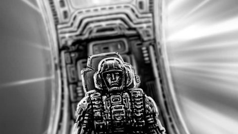 Astronaut sitting in cabin of spaceship looking at camera. Science fiction looped 2D animation. Motion graphics for VJ loops and music clips. Scary animated short film. Black and white background. 