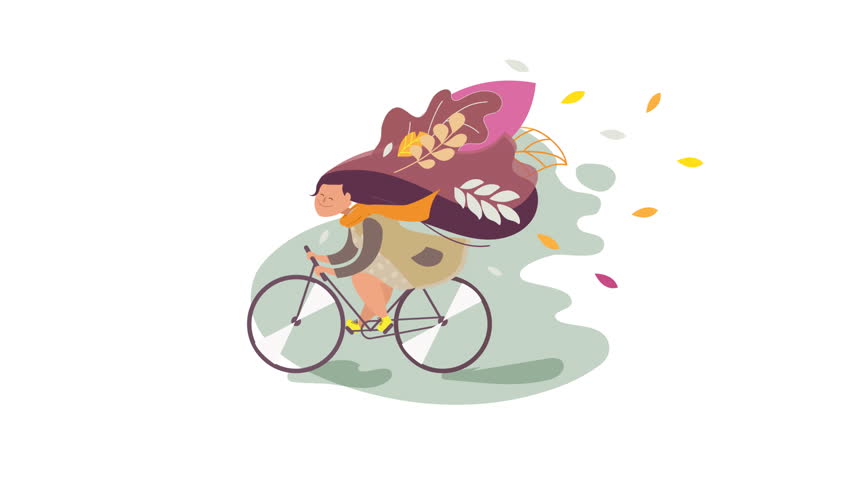 Hapy girl on a bicycle with foliage in hair, romantic cute cartoon flat animation. Autumn mood.