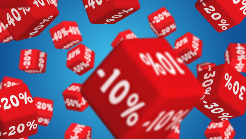 Symbols of percent on falling red cube.  Concept of  sale.