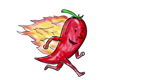 2d Animation motion graphics showing a drawing of a red fiery flaming chili or chilli pepper on fire burning in flames running on white and green screen with alpha matte in HD high definition.