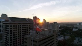 USA American Flag Waves at Sunset Aerial Austin