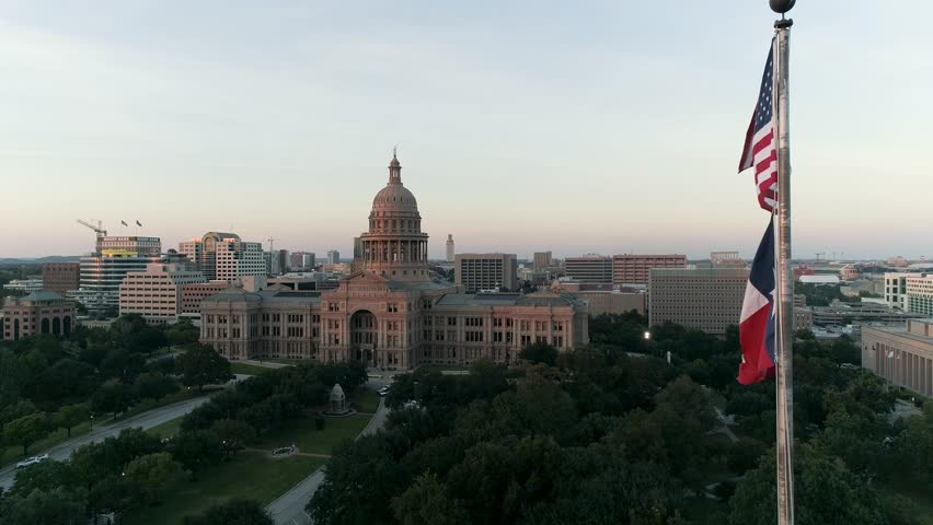4K Aerial Texas Capital Austin Downtown Sunset Capitol Building