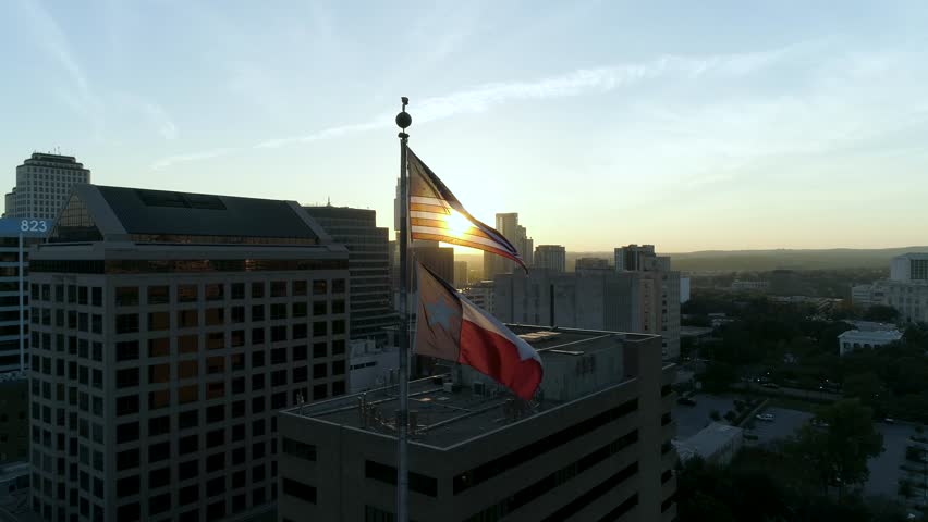 American Flag and Texas Flag at Sunset in Austin