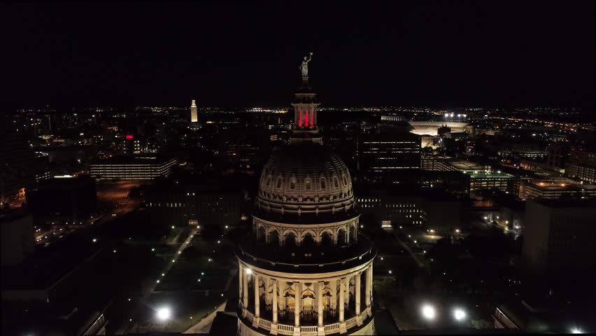 4K Aerial Texas Capitol Flyby Night - Statue Liberty