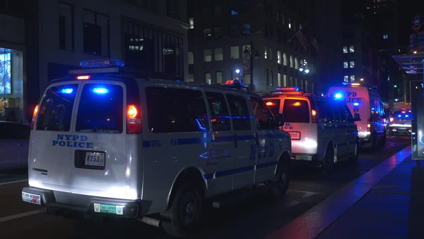 NEW YORK CITY - NOVEMBER 2016: Police cars with emergency lights parked on 5th Avenue in front of the Public Library in New York City, USA.