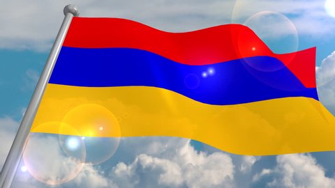 The flag of the state of Armenia develops in the wind against a blue sky with cumulus clouds and a flash on the lens from the sun. 4K video is looped and decoded from a 3D program.