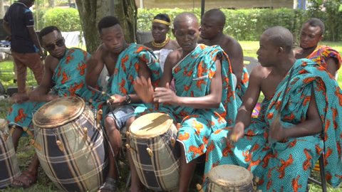 Accra, Ghana - November 10 2018: Traditional African drumming and dancing at a festival in West African.