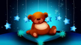 cute bear cartoon sleeping on pillow, best loop video background for lullabies to put a baby go to sleep and calming , relaxing