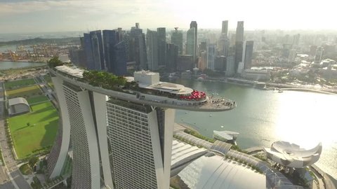 Aerial drone shot of Singapore City Skyline at Marina Bay Singapore - 2017